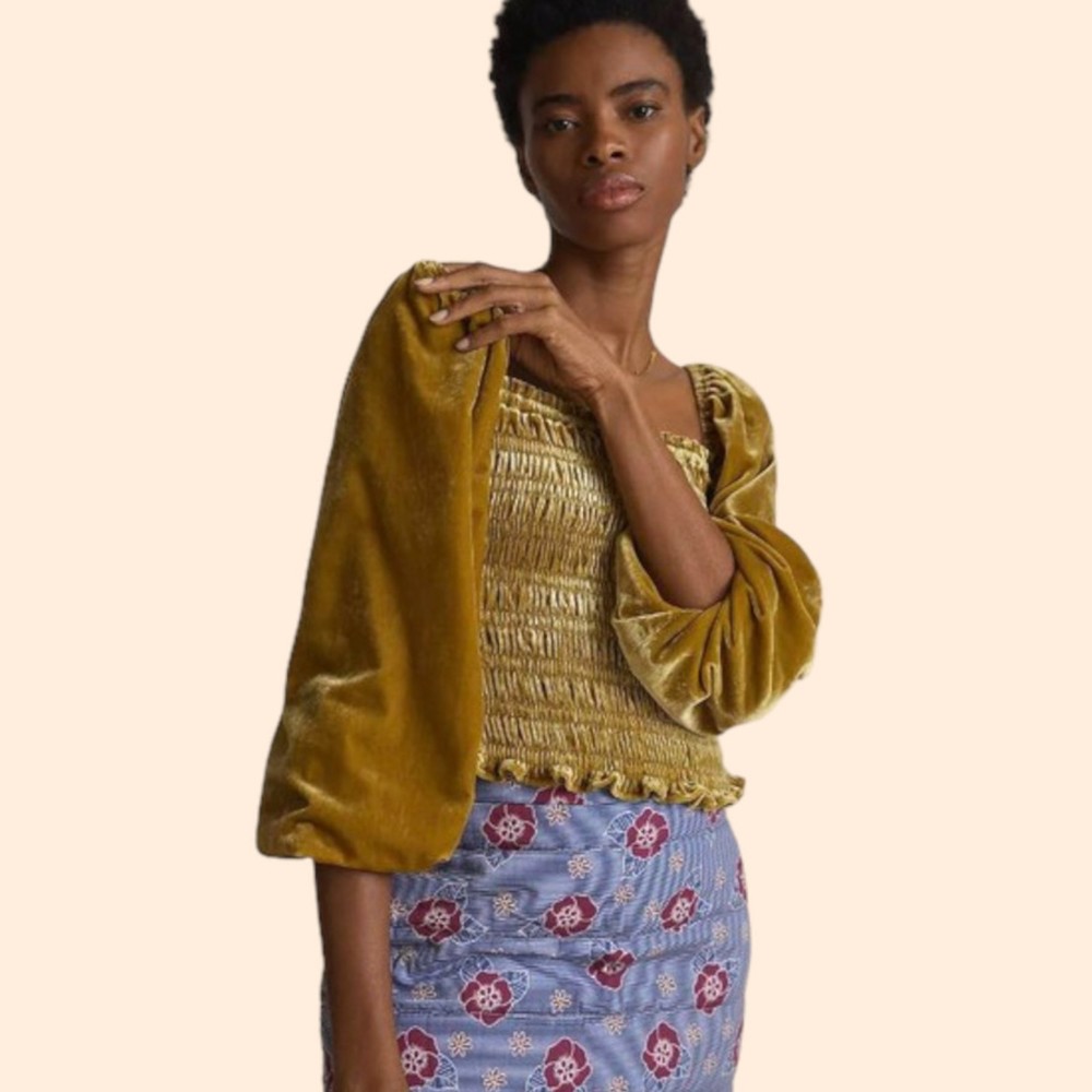 Anthropologie Velvet Shirred Puff Sleeve Top